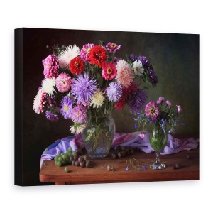 Tablou Canvas - Natura Moarta Cu Asteri si Zinnias, 75 x 100 cm