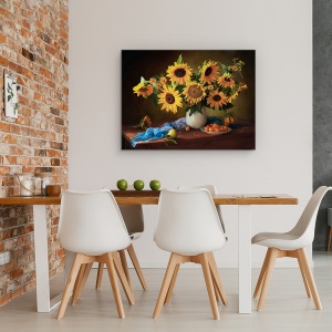 Tablou Canvas - Natura Moarta Cu Floarea-Soarelui si Prune Galbene, 75 x 100 cm - Img 4