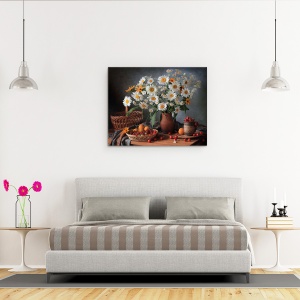 Tablou Canvas - Natura Moarta Cu Un Buchet De Margarete, Fructe De Padure, 40 x 50 cm - Img 3