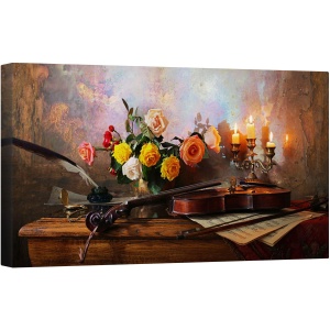Tablou canvas - Natura Moarta, Flori, Muzica, Camera, Clasic, Vioara, Trandafiri, 50 x 100 cm