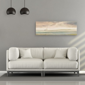 Tablou canvas - Natura, Peisaj, Marea, Apus De Soare, Barca Cu Panze, Pasari, 30 x 90 cm - Img 2