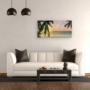 Tablou canvas - Natura, Peisaj, Marea, Valuri, Apus De Soare, Palmier, Pictura, 50 x 100 cm - Img 2