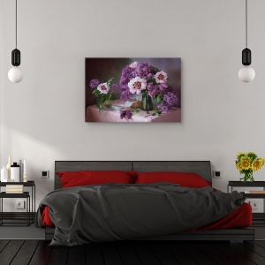 Tablou canvas - Natura statica cu liliac si bujori, Natura moarta, Violet, Flori, 60 x 90 cm - Img 3
