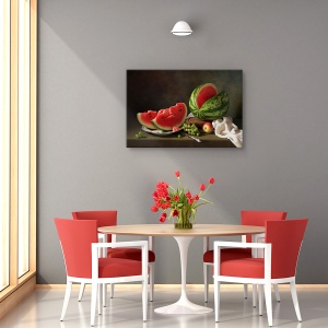 Tablou decorativ natură statică cu pepene verde și struguri pe canvas