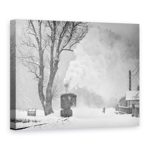 Tablou canvas - O Poveste De Iarna, Alb-Negru, Tren, Abur, Tren Cu Aburi, Vintage, 50 x 70 cm