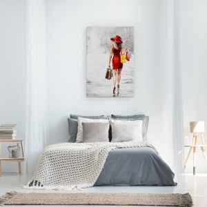 Tablou canvas - Oameni, Femeie, Rochie Rosie, Genti, Pictura, 80 x 120 cm - Img 3