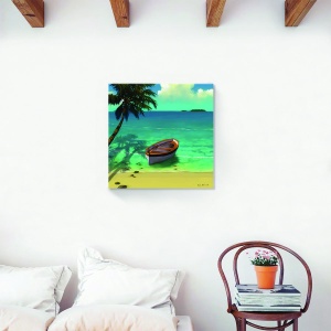 Tablou decorativ canvas cu ocean, palmieri și barcă