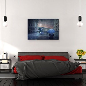 Tablou canvas - Ramas-Bun Prelungit, Melbourne, Tramvai, Ploaie, Umbrela, Albastru, 40 x 60 cm - Img 3