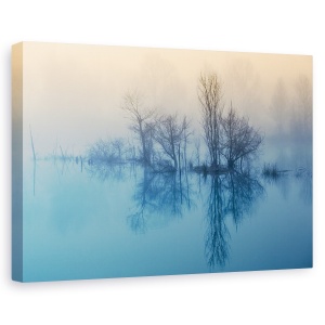 Tablou canvas - Reflectie matinala, Peisaj, Lac, Ceata, Albastru, 40 x 60 cm