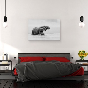 Tablou canvas - Traversarea Raului Cu Mama, Trecere, Alb-Negru, Elefanti, 80 x 120 cm - Img 3