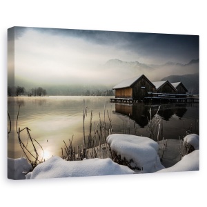 Tablou canvas - Trei cabane, Peisaj, Ceata, Zapada, Iarna, 60 x 90 cm