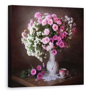 Tablou Canvas - Un Buchet De Crizanteme, Roz, Vaza, Cana, Ceai, Cafea, 60 x 60 cm