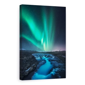 Tablou Canvas - Verde Vs Albastru, Noapte, Aurora Borealis, Stea, Cascada, Rau, 80 x 120 cm