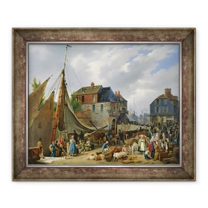 Tablou inramat - Auguste-Xavier Leprince - incarcarea animalelor pe pasager in portul Honfleur, 50 x 60 cm
