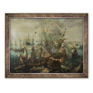 Tablou inramat - Cornelis Claesz van Wieringen - Explozia navei emblematice spaniole in timpul bataliei de la Gibraltar, 70 x 90 cm