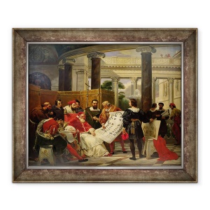 Tablou inramat - Emile Jean Horace Vernet - Papa Iulius al II-lea ordonand lui Bramante, Michelangelo si Rafael sa construiasca Vaticanul si Sfantul Petru, 70 x 85 cm