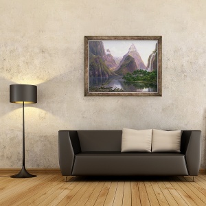 Tablou inramat - Eugen von Guerard - Figurile native intr-o canoe de la Milford Sound, West Coast of South Island, Noua Zeelanda, de asemenea, descrise sunt Mitre Peak si Bowens Fall, 70 x 90 cm - Img 2