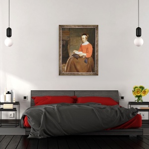 Tablou inramat - Gabriel Metsu - O femeie tanara asezata intr-un interior, 60 x 80 cm - Img 3