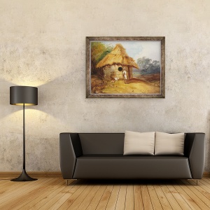 Tablou inramat - George Chinnery - Vedere in sudul Indiei, cu un razboinic in afara coliba lui, 70 x 90 cm - Img 2