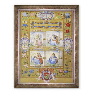 Tablou inramat - Giorgio-Giulio Clovio - Cei patru evanghelisti, intr-o granita de flori, pasari si insecte, 60 x 80 cm