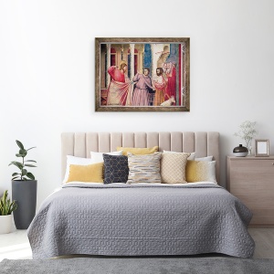 Tablou inramat - Giotto di Bondone - Isus ii urmareste pe negustori din Templu, detaliu al lui Hristos si doi negustori, 70 x 90 cm - Img 3