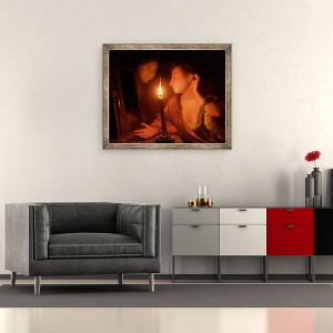 Tablou inramat - Godfried Schalcken - O doamna admirand un cercel la lumina lumanarilor, 50 x 60 cm - Img 2