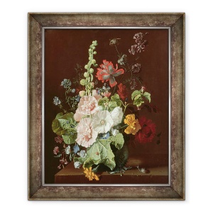Tablou inramat - Jan van Huysum - Hollyhocks si alte flori intr-o vaza, 50 x 60 cm