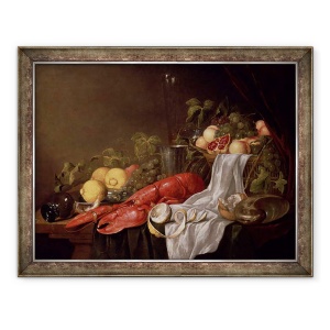 Tablou inramat - Jasper Geerards - Natura moarta de fructe si un homar pe o masa drapata, 60 x 80 cm