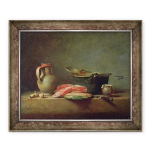 Tablou inramat - Jean-Baptiste Simeon Chardin - Cazan de cupru cu un ulcior si o felie de somon, 50 x 60 cm