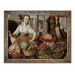 Tablou inramat - Joachim Beuckelaer - Scene bucatarie, cu Isus in casa Marta si Maria in fundal, 70 x 90 cm