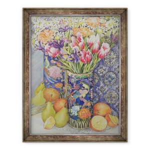 Tablou inramat - Joan Thewsey - Lalele intr-o vaza japoneza cu fructe, 60 x 80 cm