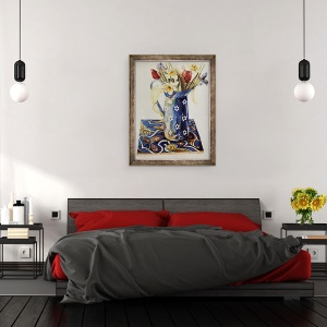 Tablou inramat - Joan Thewsey - Lalele, Iris si Narcis intr-un ulcior de email albastru cu o tigla italiana, 70 x 90 cm - Img 3