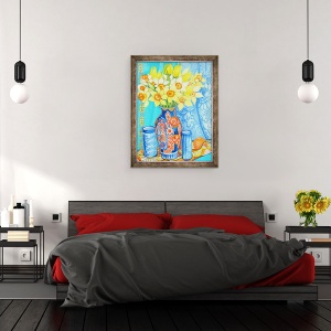 Tablou inramat - Joan Thewsey - Narcisele si lalele intr-o vaza Imani, portocale si textile, 60 x 80 cm - Img 3