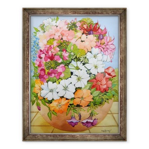 Tablou inramat - Joan Thewsey - Petunii, Geraniums si Fuchsia intr-o oala cu terasa, 2005, 70 x 90 cm