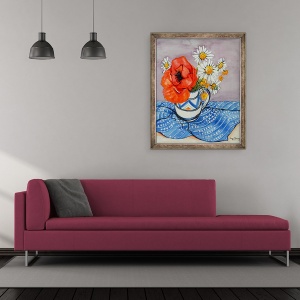 Tablou inramat - Joan Thewsey - Red Oriental Poppy si Marguerites intr-un ulcior Honiton, 2005, 50 x 60 cm - Img 2