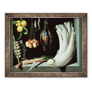 Tablou inramat - Juan Sanchez Cotan - Natura moarta cu pasari moarte, fructe si legume, 60 x 80 cm