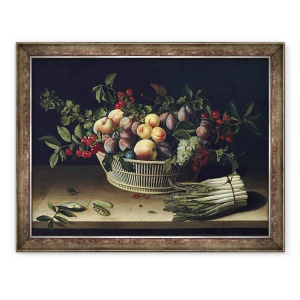 Tablou inramat - Louise Moillon - Natura moarta cu un cos de fructe si o gramada de sparanghel, 70 x 90 cm