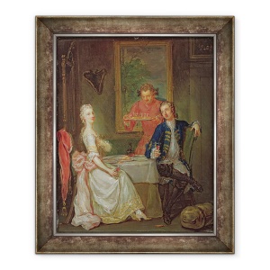 Tablou inramat - Marcellus Laroon the Younger - O conversatie la cina Un barbat si o femeie care bea la cina, 50 x 60 cm