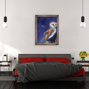 Tablou inramat - Nancy Moniz Charalambous - Bufnita si Dragonfly frunze de aur, 2013, 60 x 80 cm - Img 3