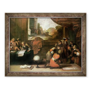 Tablou inramat - Scoala franceza - Interiorul unei camere cu geografi si matematicieni, 60 x 80 cm