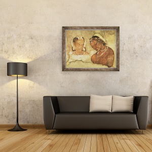 Tablou inramat - Scoala indiana - O printesa si servitorul ei, copie a unei fresce din Pesterile Ajanta, 70 x 90 cm - Img 2