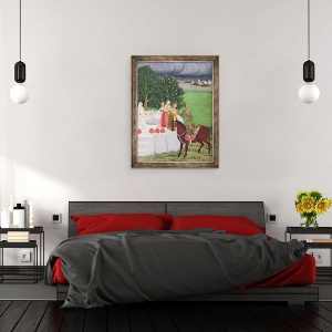 Tablou inramat - Scoala indiana - Un print cersind apa de la femei la o fantana, Mughal, 70 x 90 cm - Img 3