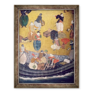Tablou inramat - Scoala japoneza - Sosirea portughezilor in Japonia, detaliu de descarcare a marfurilor, de pe un ecran Namban Byobu, 70 x 90 cm