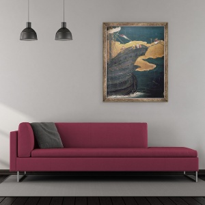 Tablou inramat - Scoala Japoneza - Sosirea portughezilor in Japonia, detaliu al prow navei, de pe un ecran Namban Byobu, 70 x 85 cm - Img 2