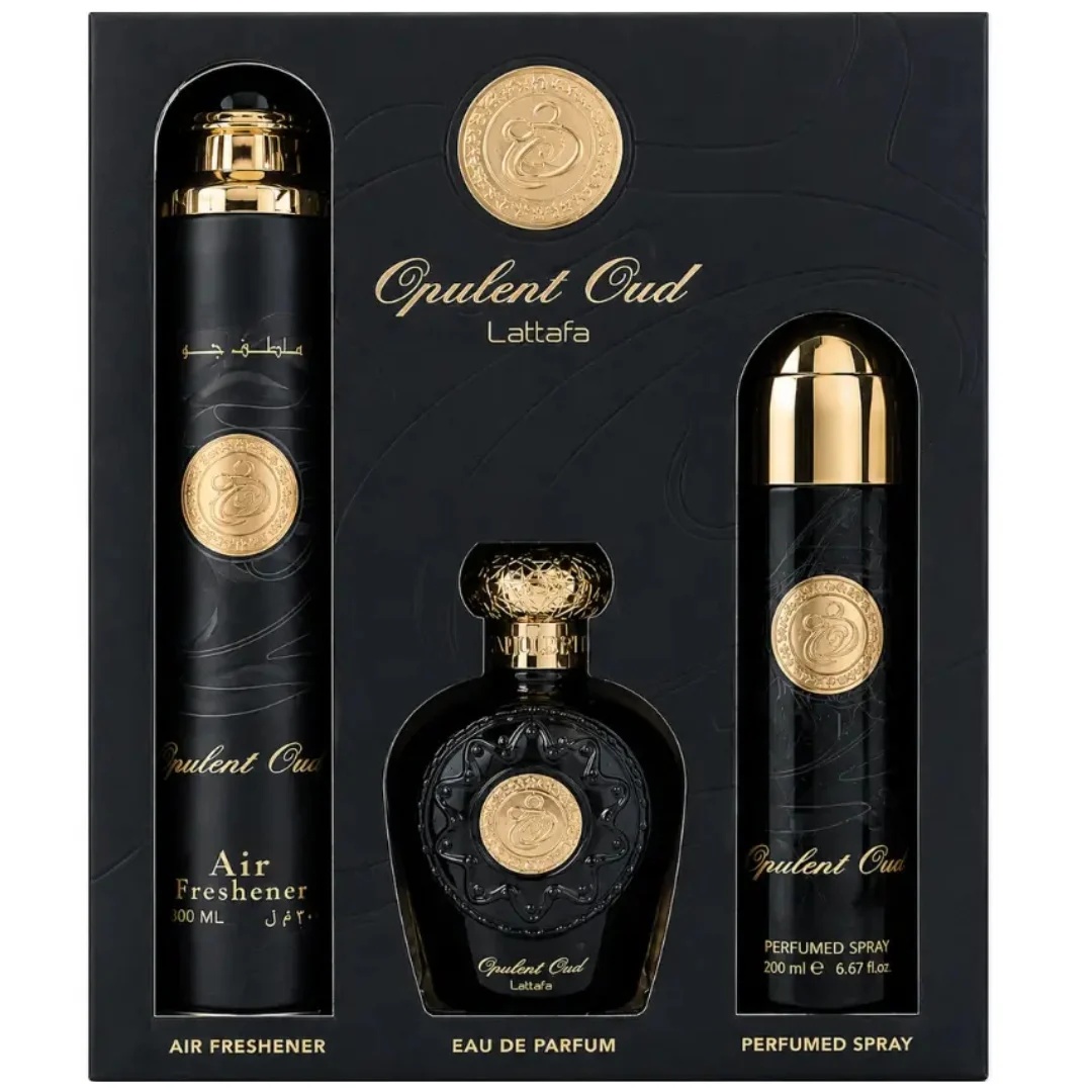 Set Cadou Lattafa Opulent Oud 3 Piese, Apa de parfum 100 ml + Spray Parfumat 200 ml + Air Freshener 300 ml