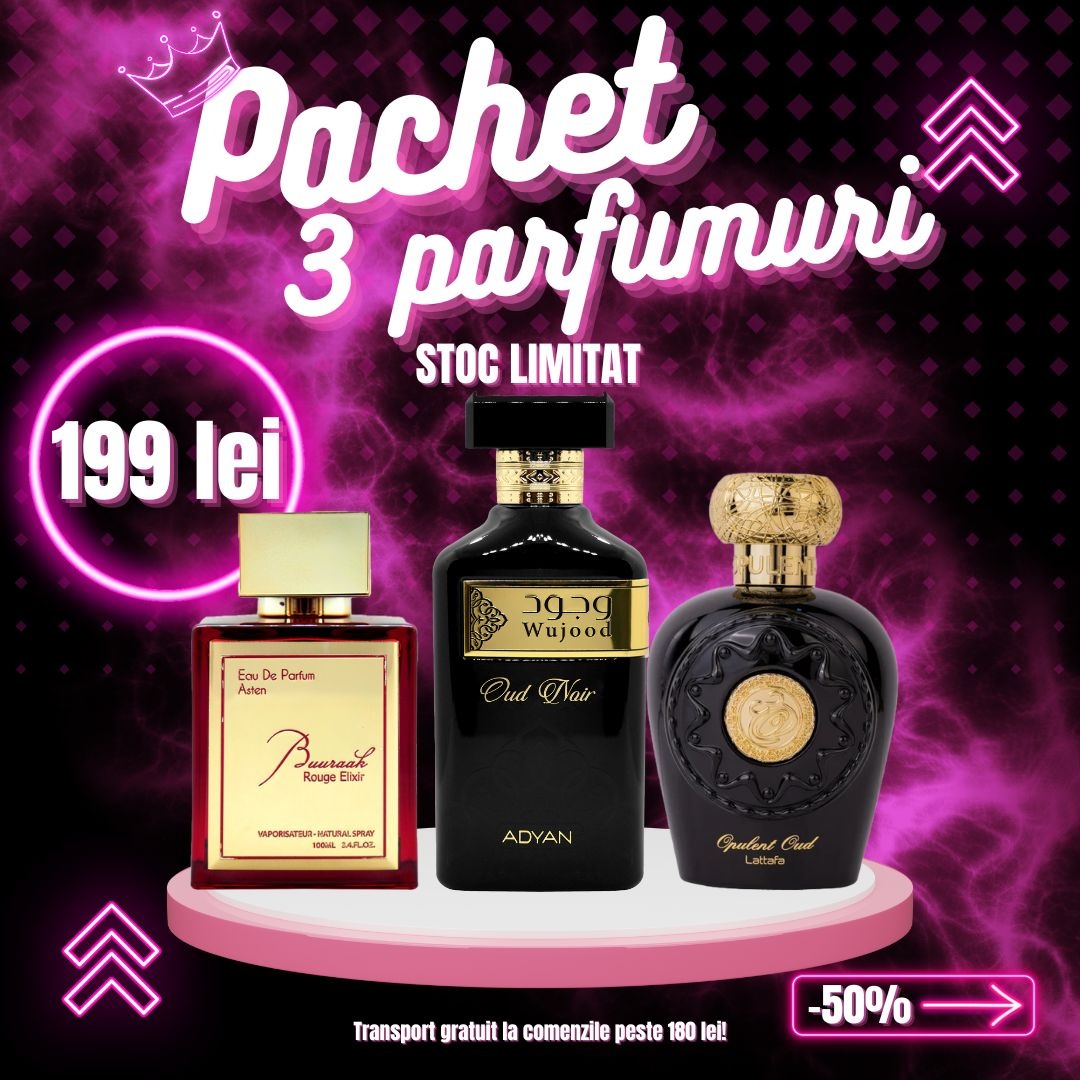 Pachet 3 parfumuri, Opulent Oud + Buuraak Rouge + Wujood Oud Noir, 100 ml