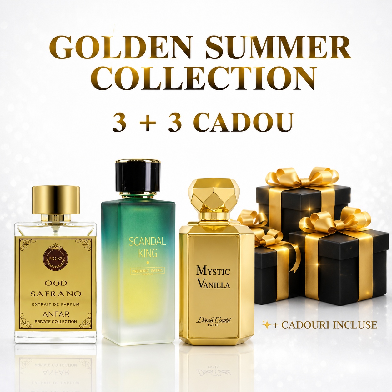 Oud Saffrano + Scandal King + Mystic Vanilla + 3 parfumuri cadou