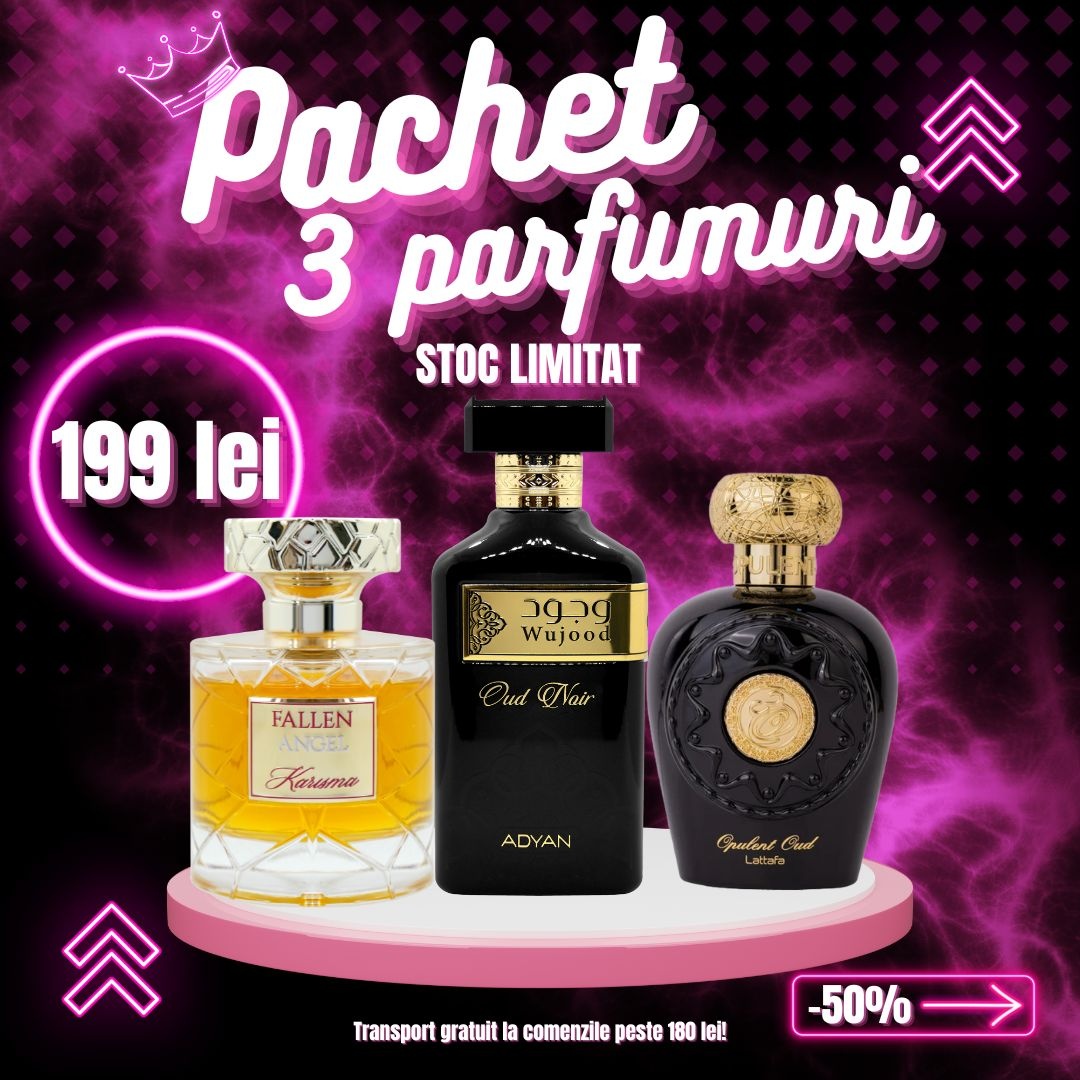 Pachet 3 parfumuri, Opulent Oud + Fallen Angel + Wujood Oud Noir, 100 ml