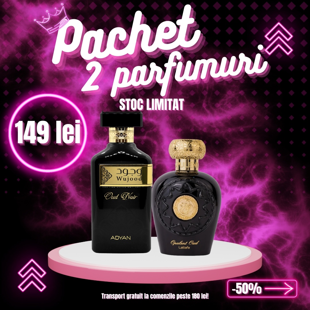 Pachet 2 parfumuri, Opulent Oud by Lattafa si Wujood Oud Noir by Adyan, 100 ml