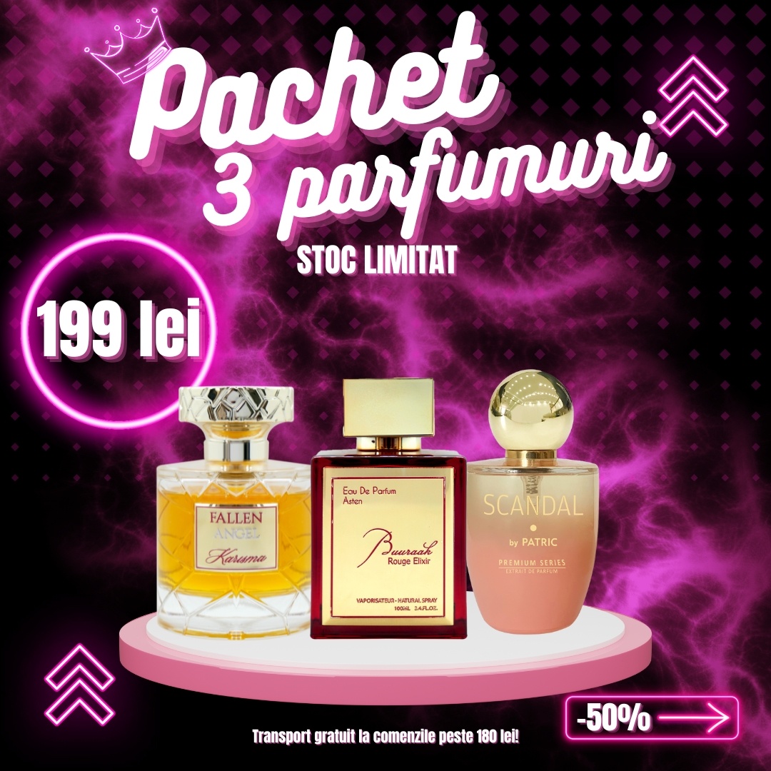 Pachet 3 parfumuri, Fallen Angel + Buuraak Rouge + Scandal Women, 100 ml